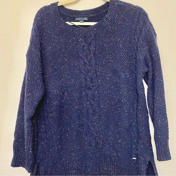 Tommy Hilfiger Navy Blue Speckled crew neck Sweater side slit Cotton blend-L - Picture 2 of 11